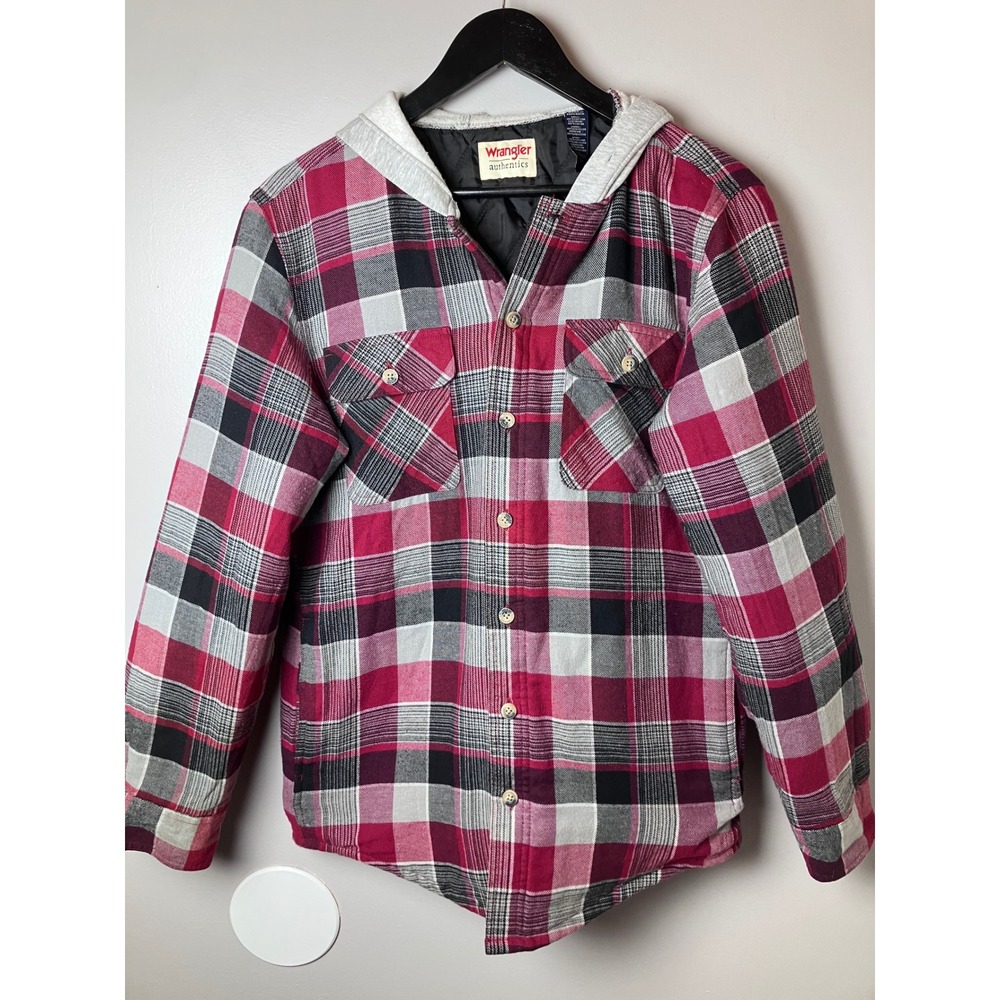 Wrangler Authentics Mens Red Plaid Hooded Flannel Quilted Lined Jacket Small
